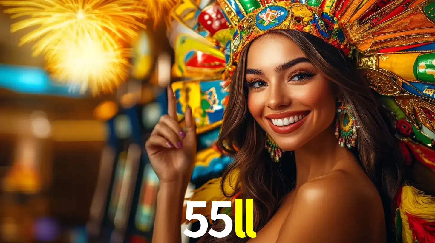 Mulher sorridente com um cocar de carnaval vibrante e colorido, celebrando uma grande vitória nos jogos do cassino 55ll com fogos de artifício ao fundo.