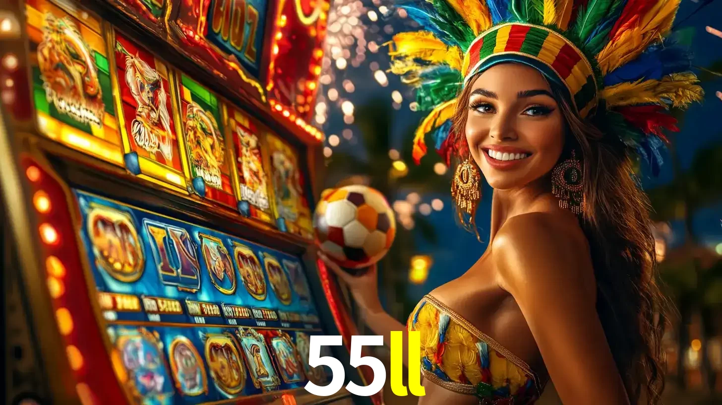 Mulher com um cocar de carnaval ao lado de uma máquina de caça-níqueis enquanto segura uma bola de futebol, mostrando a união da diversão de cassino e esportes no 55ll.