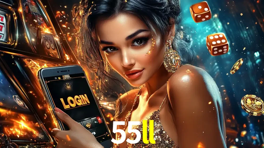 Mulher glamourosa segurando um celular com a tela de login do cassino 55ll, rodeada por dados e moedas douradas, pronta para começar a diversão.