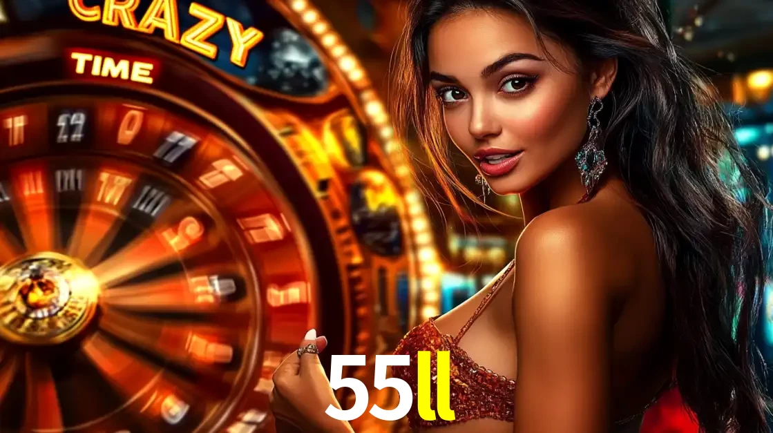 Mulher ao lado da roda de prêmios do jogo de cassino ao vivo Crazy Time, um dos shows de jogos mais emocionantes oferecidos pela plataforma de apostas 55ll.
