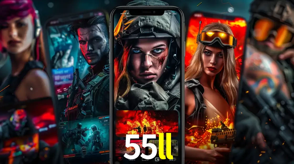 Montagem de telas de celular mostrando diversos personagens, masculinos e femininos, de um jogo de tiro, ilustrando a diversidade de equipes de e-sports para apostar no 55ll.