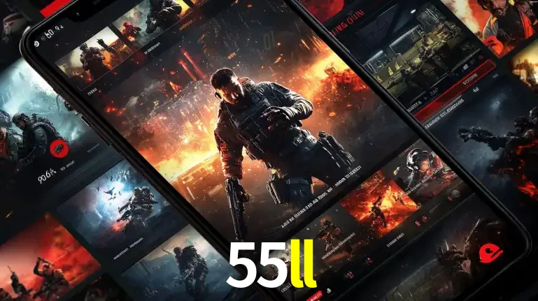 Tela de um celular exibindo uma galeria de jogos de tiro com temática militar, mostrando a variedade de e-sports disponíveis para apostas na plataforma de entretenimento 55ll.