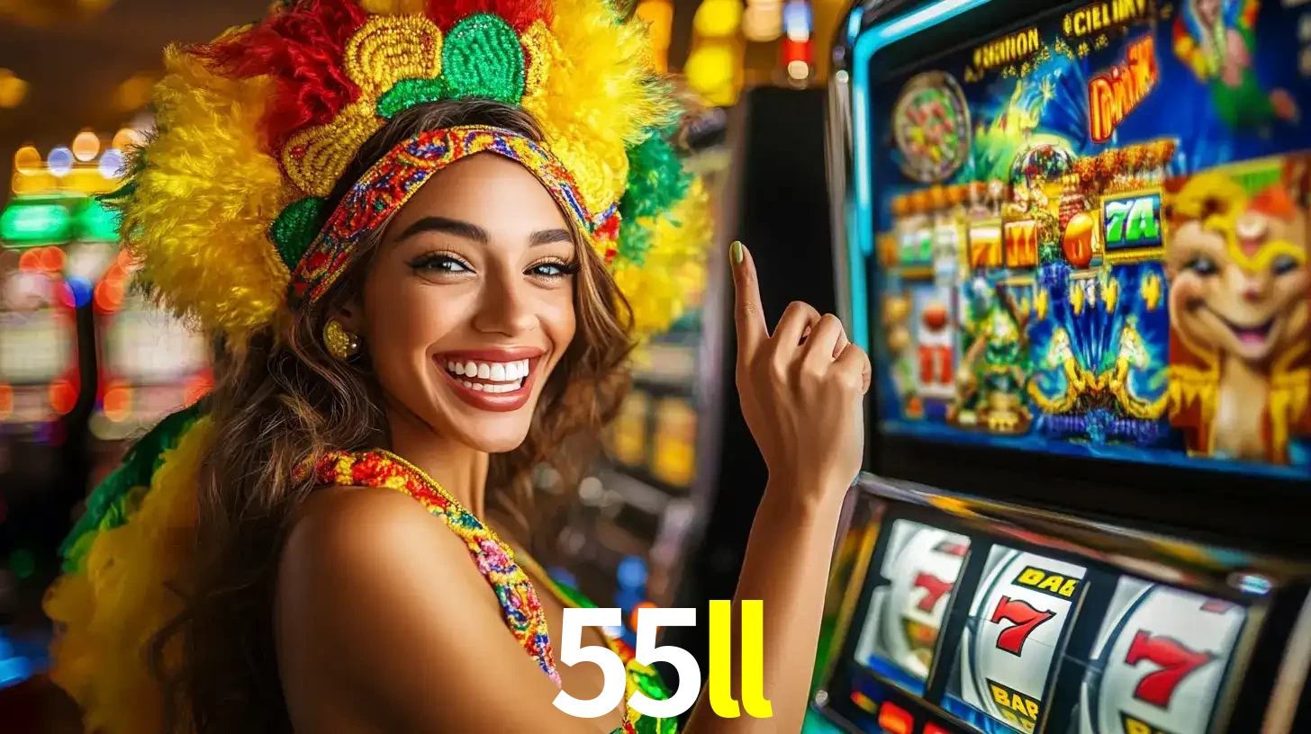 Mulher animada com um cocar de carnaval apontando para uma máquina de caça-níqueis, mostrando a emoção de ganhar um grande prêmio nos jogos do 55ll.