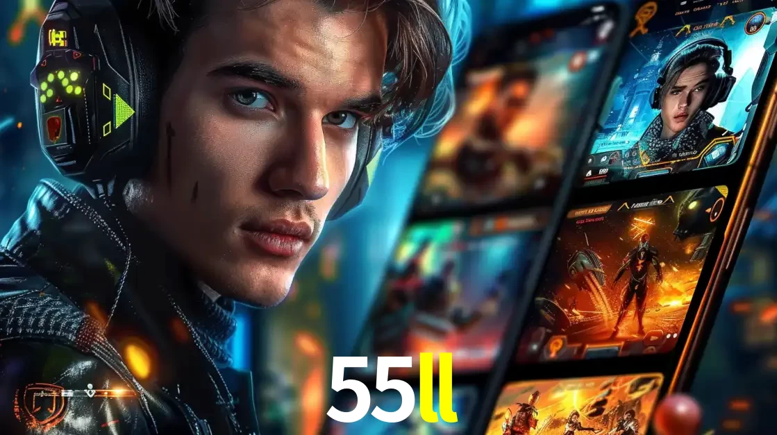 Jovem jogador com fones de ouvido olhando para a câmera, com um aplicativo de jogos e e-sports para celular ao fundo, pronto para a competição e apostas no 55ll.