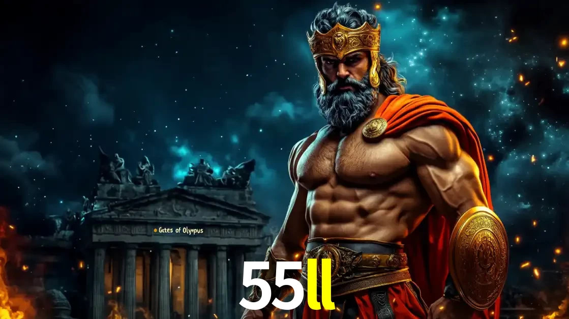 O poderoso Zeus do jogo de slot Gates of Olympus em frente ao seu templo, pronto para lançar multiplicadores divinos e prêmios épicos no cassino online 55ll.