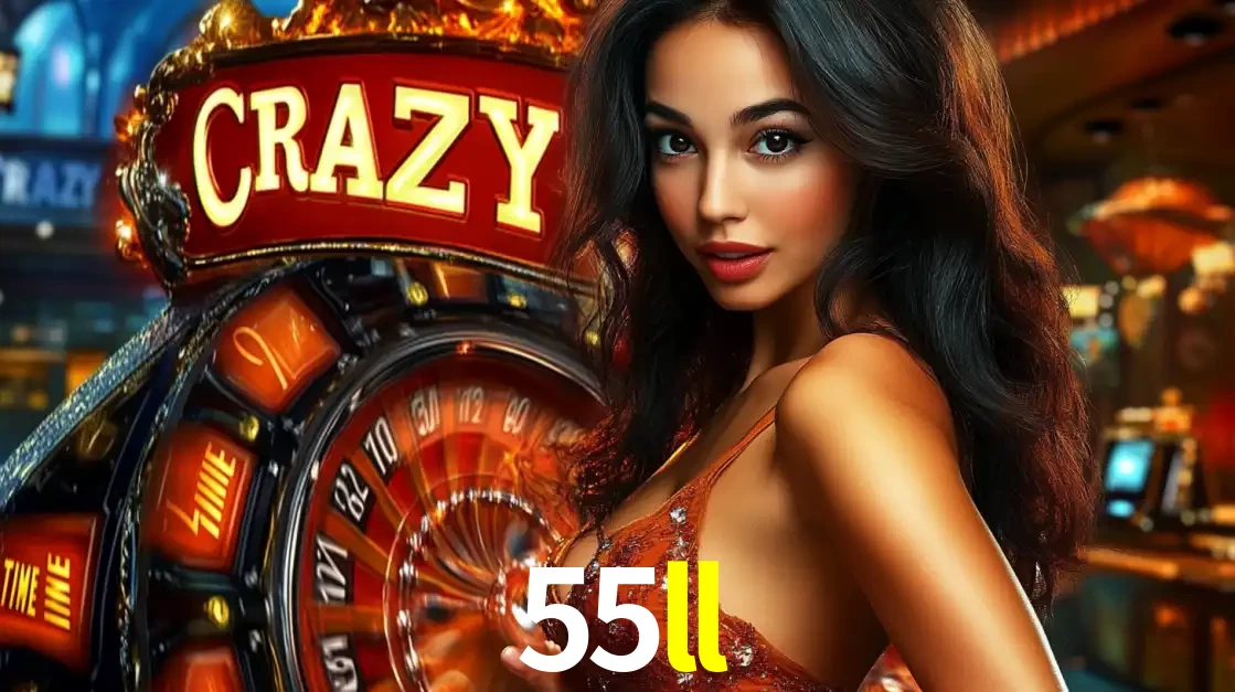 Mulher glamourosa olhando para a câmera com a roda vermelha do Crazy Time ao fundo em um ambiente de cassino, destacando a emoção dos jogos ao vivo no 55ll.