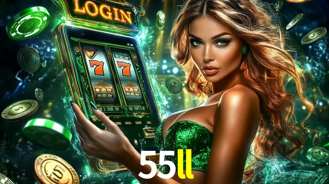 Mulher com tema verde apresentando o aplicativo do cassino 55ll com um jogo de slot de 777, cercada por fichas de cassino e uma aura de sorte.