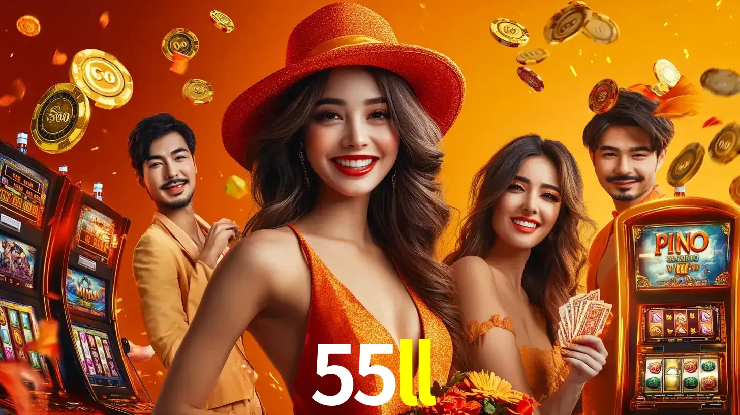 Grupo de amigos asiáticos sorrindo e se divertindo com máquinas de caça-níqueis em um ambiente festivo, celebrando suas vitórias nos jogos de cassino do 55ll.