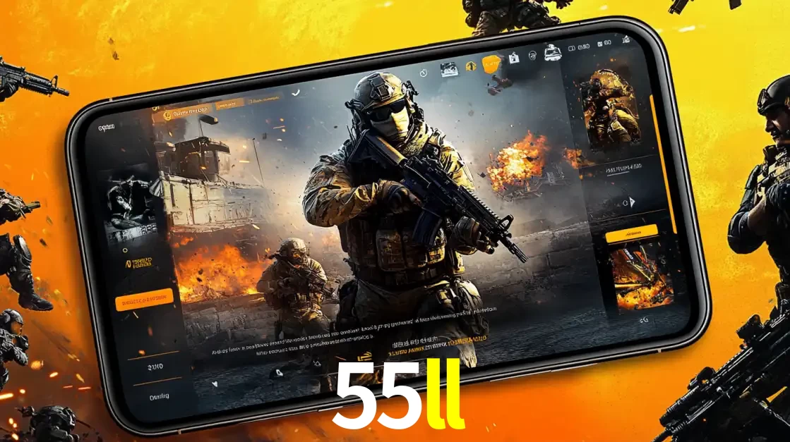 Um smartphone exibindo a interface de um jogo de tiro em primeira pessoa, com um soldado em um cenário de batalha, representando a ação dos e-sports para apostar no 55ll.