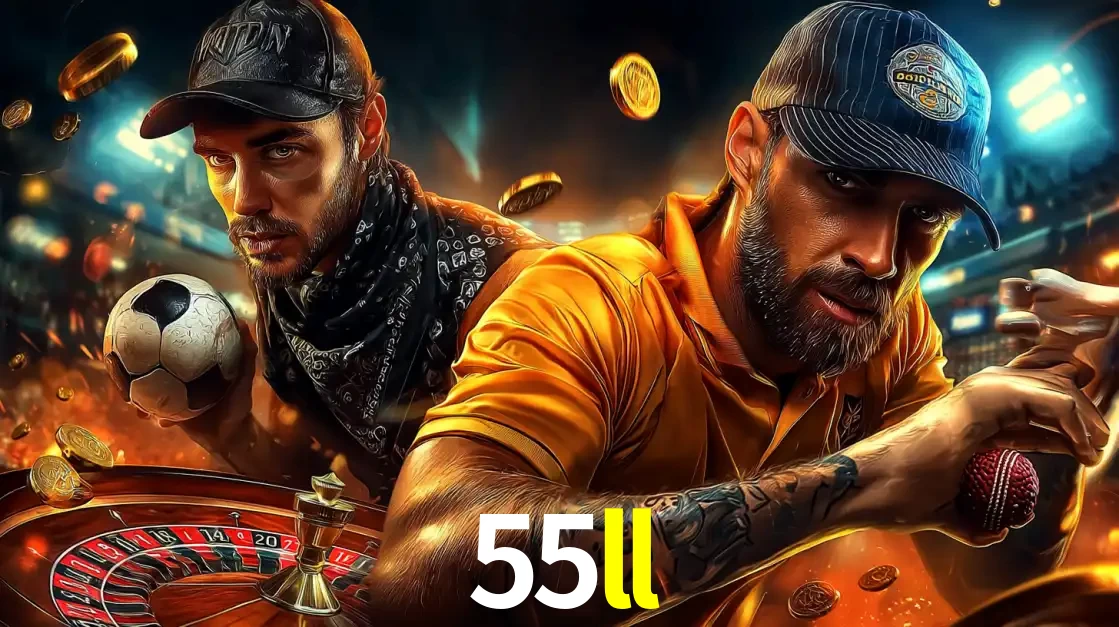Montagem de apostas esportivas e cassino no 55ll, com um homem segurando uma bola de futebol e outro uma de beisebol sobre uma roleta e moedas voadoras.
