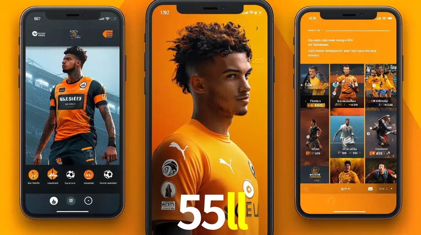 Interface do aplicativo de apostas esportivas 55ll em três telas de celular, mostrando o perfil de um jogador de futebol e a lista de jogos disponíveis para apostar.