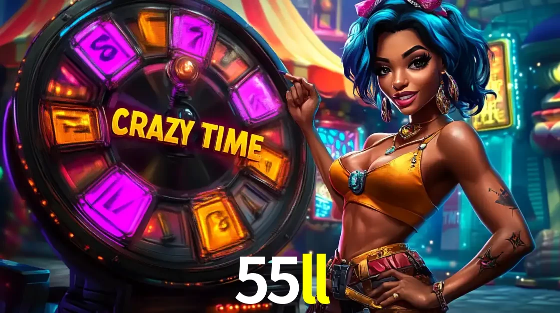 Mulher estilizada com cabelo azul e visual vibrante posando ao lado da roda de prêmios do game show Crazy Time, convidando para a diversão e os bônus do cassino 55ll.