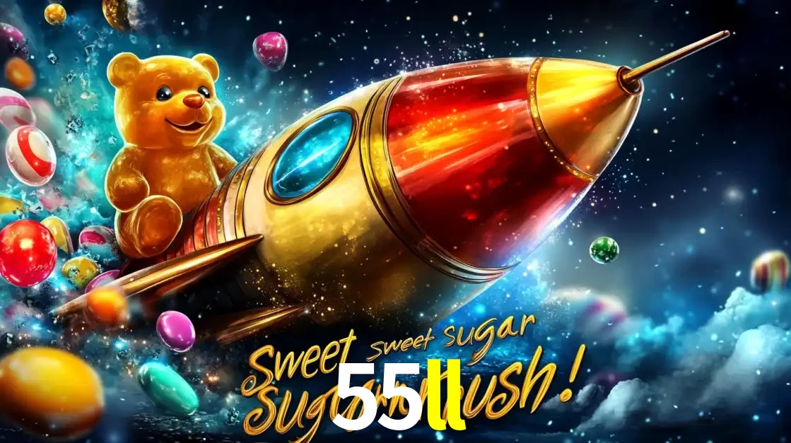 Arte promocional do jogo de slot Sugar Rush, com um urso de pelúcia em um foguete viajando pelo espaço de doces, um dos jogos divertidos disponíveis no cassino 55ll.