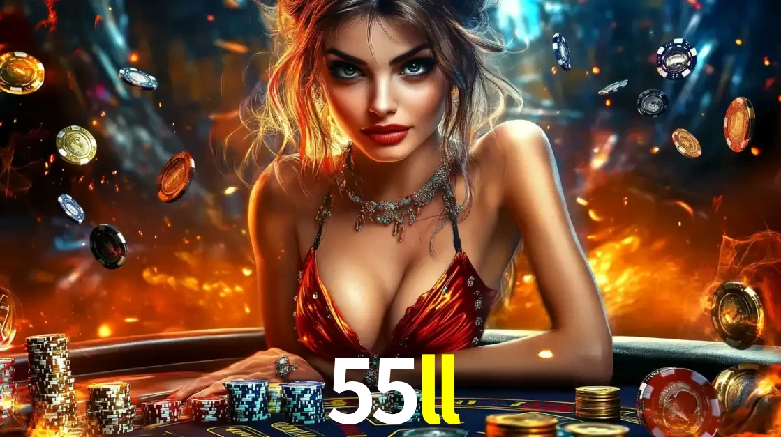 Mulher em uma mesa de cassino com pilhas de fichas e um fundo de fogo, pronta para uma rodada de altas apostas nos jogos de mesa emocionantes do cassino 55ll.