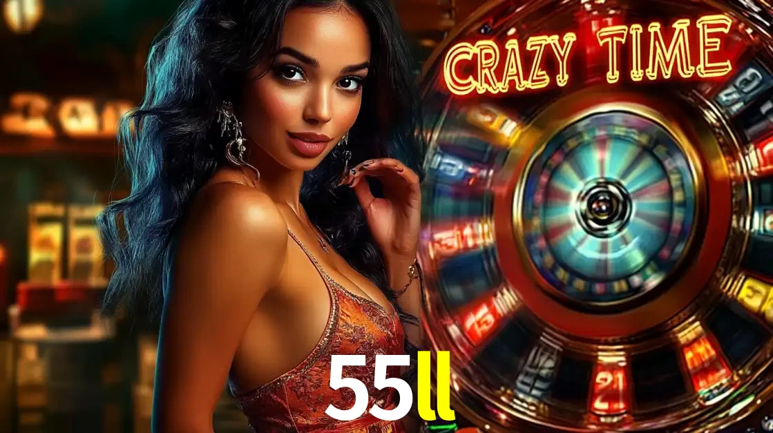 Mulher elegante ao lado da vibrante roda da fortuna do jogo de cassino ao vivo Crazy Time, um dos game shows mais populares e cheios de prêmios do 55ll.