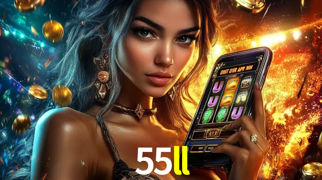 Mulher elegante mostrando um jogo de caça-níqueis em seu smartphone, destacando a experiência de cassino móvel oferecida pelo aplicativo 55ll.