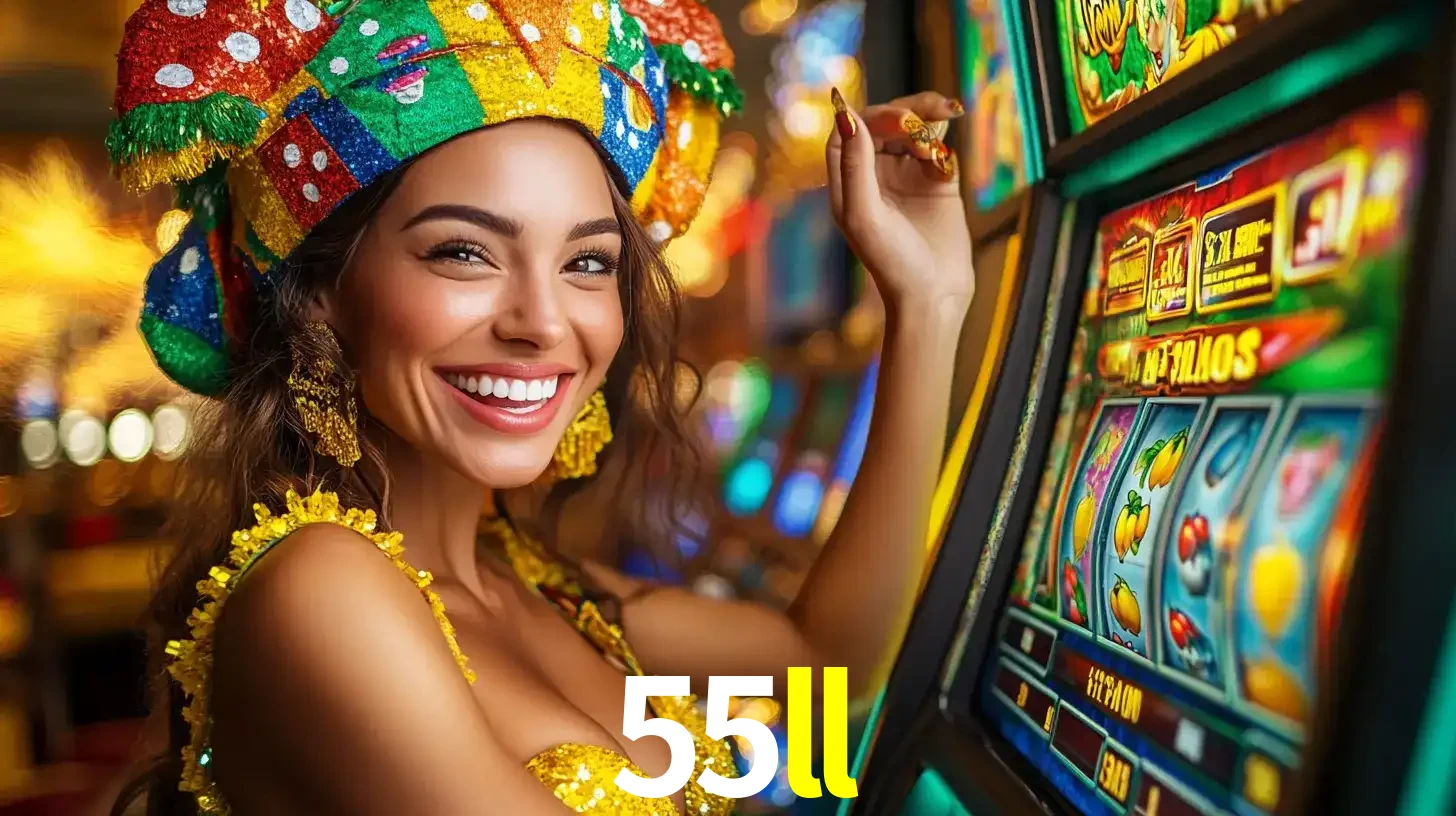 Mulher feliz com traje de carnaval amarelo e colorido ao lado de uma máquina de caça-níqueis, aproveitando a diversão e os jogos temáticos do cassino 55ll.