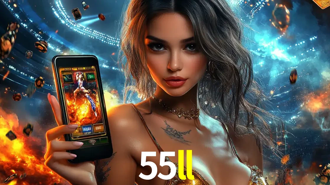 Mulher segurando um celular com um jogo de slot em destaque, tendo como fundo um estádio vibrante, simbolizando a emoção de jogar no cassino móvel 55ll.