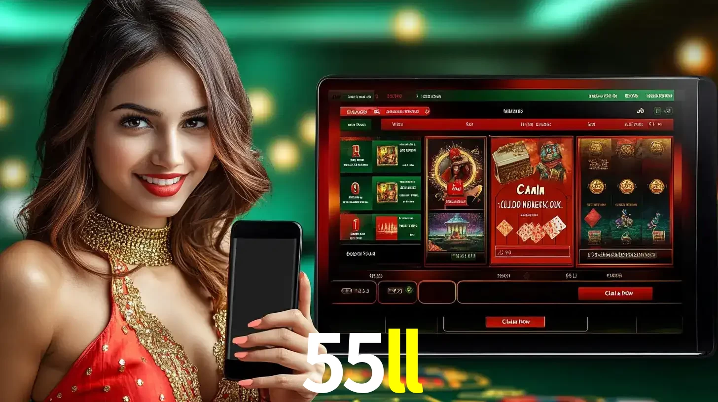 Mulher sorridente segurando um smartphone, ao lado de uma tela exibindo o lobby de jogos do cassino online 55ll, com várias opções de jogos de cartas e slots.